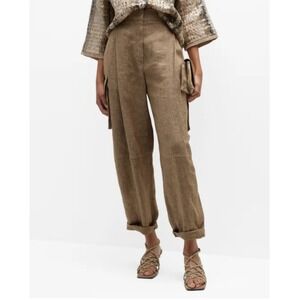 $2495 Brunello Cucinelli Metallic Linen Twill Double Pleated Cargo Pants 38 2 XS
